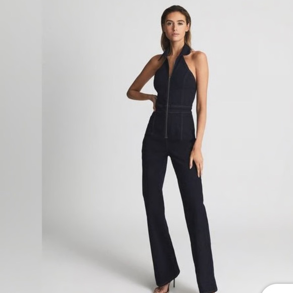 Reiss Pennie Denim Halter Jumpsuit Wide Leg Neck Open Back Indigo Size 6 - Picture 1 of 2